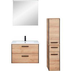 Badmöbel-Set SAPHIR "Quickset 395 3-teilig, Keramikwaschtisch mit LED-Spiegel", braun, Riviera Eiche quer Nachbildungmit schwarzem L-Profil vorne, Kastenmöbel-Sets, Midischrank, inkl. Türdämpfer, 2 Türen, 3 Schubladen, Bad-Set