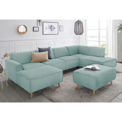 Wohnlandschaft ANDAS "Janek U-Form", grün (mint), B:324cm H:81cm T:191cm, Struktur fein ( 100% Polyester), Struktur weich (92% Polyester, 8% Nylon), Struktur weich (92% Polyester, 8% Nylon), Sofas, mit Federkern und Keder in scandinavischem Design