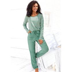 Pyjama VIVANCE DREAMS, Damen, Gr. 48/50, grün, Single Jersey, Obermaterial: 100% Baumwolle, gestreift, bestickt, Basic, bequem lang, Rundhals, Homewear-Sets, mit garngefärbten Streifen