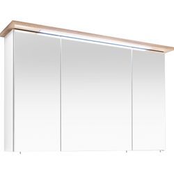 Spiegelschrank SAPHIR "Quickset 923 Badschrank, 3 Spiegeltüren, 6 Einlegeböden, 115 cm breit", weiß (weiß glanz, riviera eiche), B:115cm H:72cm T:20cm, Spanplatte, Schränke, inkl. LED-Beleuchtung, Türdämpfer, Schalter-/Steckdosenkombination