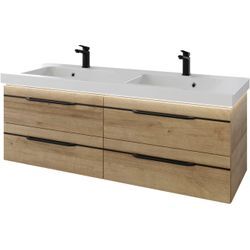 Waschtisch SAPHIR "Serie Balto Mineralmarmor-Waschtisch mit Unterschrank, 147,8 cm breit", braun (riviera eiche quer nachbildung, riviera eiche quer nachbildung), B:148,2cm H:55,6cm T:50,8cm, Waschtische, Doppel-Waschplatz mit 4 Schubladen, in verschiedene Ausführungen