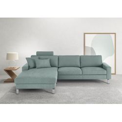 Ecksofa 3C CANDY "Lecce, wahlweise PUR-Schaumstoff oder Tonnentaschenfederkern", grün (sage), B:281cm H:86cm T:194cm, 85% Polyester, 15% Nylon, Sofas, Bett im 2,5-Sitzer, teilmotorische Schlaffunktion im Longchair, L-Form