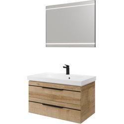 Badmöbel-Set SAPHIR "Balto 2-teilig Mineralmarmor-Waschtisch mit LED-Spiegel, Waschplatz", braun (riviera eiche quer nachbildung mit schwarzer einlage), B:92cm H:200cm T:50,8cm, Spanplatte, Kastenmöbel-Sets, 92 cm breit, mit 2 Schubladen, Badschrank inkl. Schubladendämpfer