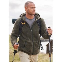 Kapuzenstrickjacke JOHN DEVIN, Herren, Gr. M (48/50), grün (olive), Fleece, Obermaterial: 100% Polyester, unifarben, casual, bequem, Langarm, Strickjacken, in weichem Teddyfleece