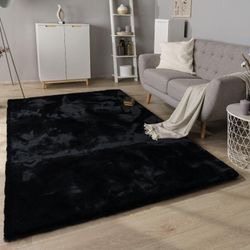 Hochflor Teppich Wohnzimmer Shaggy Kaninchenfell Imitat Kunstfell Langflor Flauschig 60x100 cm, Schwarz - Paco Home