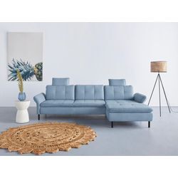 Ecksofa INOSIGN "Birkholm L-Form", blau (hellblau), B:267cm H:83cm T:174cm, 98% Polyester 2% Polyamid, Sofas, Armlehnverstellung, auch in Easy Clean Bezug - mit Wasser zu reinigen