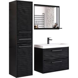 Badmöbel-Set WELLTIME "CANADA", schwarz (graphit schwarz), B:110cm H:130cm T:35cm, Holzwerkstoff, Kastenmöbel-Sets, Waschtisch, Waschbecken mit Überlaufgarnitur, Spiegel, Hochschrank
