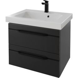 Waschtisch SAPHIR "Serie Balto Mineralmarmor-Waschtisch mit Unterschrank, 64,4 cm breit" Waschtische Gr. Griffe Schwarz, grau (anthrazit hochglanz, anthrazit hochglanz) Waschplatz mit 2 Schubladen, Badschrank in verschiedenen Ausführungen