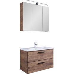 Badmöbel-Set SAPHIR "Quickset 374 Keramik-Waschtisch mit LED-Spiegelschrank, 75 cm breit", braun (eiche ribbeck quer nachbildung), B:75cm H:200cm T:45cm, Spanplatte, Kastenmöbel-Sets, Waschplatz, 2 Schubladen, 3 Türen, Eiche Ribbeck quer Nachbildung