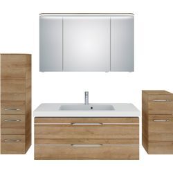 Badmöbel-Set SAPHIR "Balto Sprint 4-teilig, Mineralmarmor-Waschtisch mit LED-Spiegelschrank", braun (riviera eiche quer nachbildung), B:183cm H:200cm T:50,8cm, Spanplatte, Kastenmöbel-Sets, Unterschrank, Midischrank, inkl. Türdämpfer, 5 Türen, 5 Schubladen