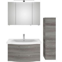 Badmöbel-Set SAPHIR "6005 Sprint 3-teilig, Keramik-Waschtisch mit LED-Spiegelschrank", grau (graphit struktur quer nachbildung), B:128cm H:200cm T:51,5cm, Spanplatte, Kastenmöbel-Sets, Midischrank, inkl. Türdämpfer, 4 Türen, 4 Schubladen, Bad-Set