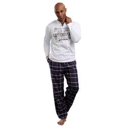 Pyjama H.I.S Gr. 44/46, bunt (weiß, marine, kariert), Herren, Obermaterial: 100% Baumwolle. Unterteil: 100% Baumwolle, unifarben, kariert, Homewear-Sets, mit Flanellhose