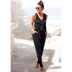 Jumpsuit LASCANA Gr. 34, N-Gr, schwarz Damen Overalls und Knopfleiste vorne, bequemer Overall mit Taschen