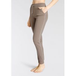 Sweathose H.I.S, Damen, Gr. 32/34, N-Gr, braun (camelfarben), Interlock, Obermaterial: 60% Baumwolle, 40% Polyester, unifarben, bestickt, Basic, bequem lang, Hosen, mit seitlichem Piping und Taschen, Loungeanzug