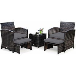 Goplus - 5 tlg. Rattanmoebel, Poly Rattan Gartenmoebel, Lounge Set aus 1 Tisch & 2 Stühlen & 2 Ottomanen, Kissen mit Abnehmbarem & Waschbarem Bezug