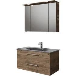 Badmöbel-Set SAPHIR "Serie 6025 2-teilig Mineralmarmor-Waschtisch mit LED-Spiegelschrank", braun (eiche ribbeck quer nb), B:97cm H:200cm T:48cm, Spanplatte, Kastenmöbel-Sets, Waschplatz 97 cm breit, 2 Schubladen, 3 Spiegel-Türen, inkl Türdämpfer