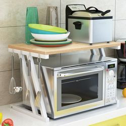 Mikrowellen Regal Küchenregal Arbeitsplatte Microwave Shelf/Organizer mit 4 Hacken Stehend Lagerregal Gewürzregal / Farbe des Holzes