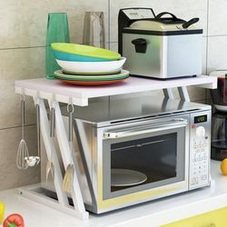 Aqrau - Mikrowellen Regal Küchenregal Arbeitsplatte Microwave Shelf/Organizer mit 4 Hacken Stehend Lagerregal Gewürzregal / Weiß