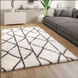 Hochflor Teppich Wohnzimmer Shaggy Langflor Modern Skandi Rauten Grau Creme 160x230 cm - Paco Home