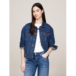 Jeansjacke TOMMY JEANS "MOM CLS JACKET BH0056", Damen, Gr. S (36), blau (denim schwarz), Web, Obermaterial: 100% Baumwolle, unifarben, casual, regular fit, Langarm, Jacken, mit Tommy Jeans Flagge