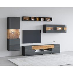 Wohnwand INOSIGN "Toledo,Set,4-St, stilvolle Mediawand ohne Beleuchtung", schwarz (antrazit, antrazit, alteiche), ABS-Kunststoff, MDF, Melamin, Glas, Metall, Kastenmöbel-Sets, Anbauwand (2xHängevitrine,Lowboard,Hängeregal)MDF Hochglanzfronten