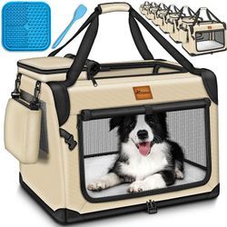 Tresko - Hundebox faltbar Beige (m 61x42x42cm) inkl. Leckmatte und Spatel Transportbox für Hunde und Katzen Hundetransportbox für kleine & große