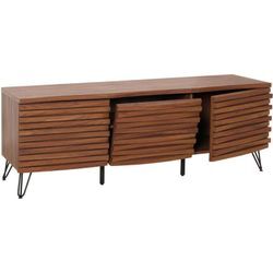 Neuwertig] TV-Rack HHG 441, Lowboard TV-Schrank, 3D-Design Staufächer, Massiv-Holz Mango Metall 52x142x44cm Walnuss-Optik