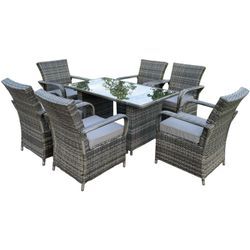 Fimous Outdoor Rattan Gartenmöbel Essplatz Tisch und Stuhl Set Wicker Patio 6 Stühle Plus Schwarz Gehärtetes Glas Rechteckiger Tisch