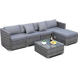 Polyrattan Gartenmöbel Set 6-teilig, Wetterfest Balkonmöbel Set bis 7 Personen, Außen Terrassenmöbel inkl. Rattansessel Couchtisch, Lounge Set