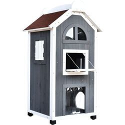 Pawhut - Katzenhaus für Katzenbett oder Katzentoilette, Katzenschrank, Katzenklo Indoor, Tannenholz, Asphaltdach, Grau, 59 x 55 x 109 cm