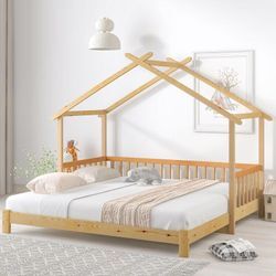 Kinderbett 90x200cm/180x200cm Ausziehbett Hausbett mit Rausfallschutz und Dachform, Massivholz Einzel- und Doppelbett Kinderhaus, Natur - Merax