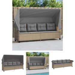 The Living Store - Sonnenliege mit Dach und Kissen Beige Poly Rattan - Sonnenliegen - Beige