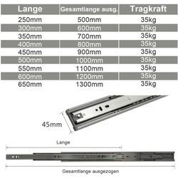 2X Schubladenschienen Vollauszüge 500 mm Schubladen Führung kugelgelagert Tragkraft 35 - Vingo