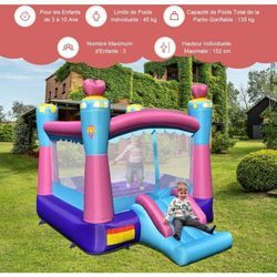 Costway - Château Gonflable pour Enfants avec Trampoline Toboggan Panier de Basket-ball Sac Transport,Kit de Réparation avec Gonfleur 680W