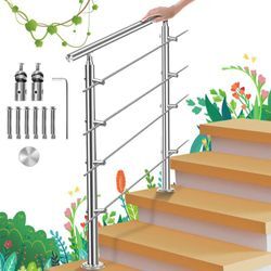 Vingo - Treppengeländer Edelstahl-Handlauf Geländer für Treppen Brüstung Balkon mit/ohne Querstreben (150cm, 4 Querstreben)