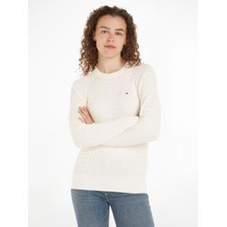 Rundhalspullover TOMMY HILFIGER "CO CABLE C-NK SWEATER" Gr. XS (34), weiß (ivory petal) Damen Pullover mit Zopfmuster