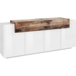 Sideboard INOSIGN "Coro, Kommode, Schrank, Kredenz, grifflos mit Einlegeböden", weiß (weiß hochglanz, ahornfarben), B:200cm H:85,6cm T:45cm, FSC-zertifizierter Holzwerkstoff, Sideboards, 1 klappe,4 Türen, Doppeltiefe, B/T/H 200x45x85,6cm