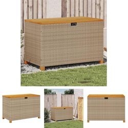 Gartentruhe Beige 110x55x63 cm Poly Rattan Akazienholz - Gartenboxen - Beige - The Living Store