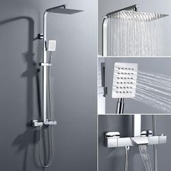 Duschsystem 3 Funktionen Dusche Duscharmatur fürs Badezimmer/Badwannen Regendusche mit Thermostat Wasserhahn, Handbrause, verstellbarer Duschstange