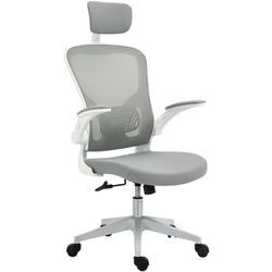 Bürostuhl ergonomischer Shreibtischstuhl mit Wippfunktion hoher Rückenlehne Lendenwirbelstütze Kopfstütze hochklappbarem Arm Home-Office Grau 65 x 64