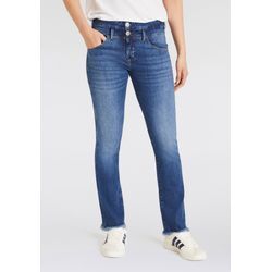 Bootcut-Jeans HERRLICHER "Jeans Baby Cropped Org Dnm" Gr. 26, N-Gr, blau (timeless), Damen, Denim/Jeans, Obermaterial: 97% Baumwolle, 3% Elasthan, Jeans, in cropped Länge mit ausgefranstem Saum