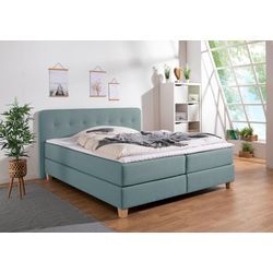 Boxspringbett HOME AFFAIRE "Fargo", blau (petrol), B:193cm L:227cm, Struktur fein (100% Polyester), Samtstoff (100% Polyester), Komplettbetten, in Überlänge 220 cm, mit Topper, 3 Ausführungen, 4, Breiten