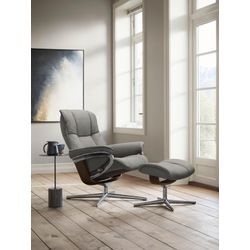 Relaxsessel STRESSLESS "Mayfair" Sessel Gr. ROHLEDER Stoff Q2 FARON, Cross Base Braun, Relaxfunktion-Drehfunktion-Plus™System-Gleitsystem-BalanceAdapt™, B/H/T: 79cm x 102cm x 73cm, grau (grey q2 faron) mit Cross Base, Größe S, M & L, Holzakzent Braun