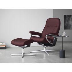 Relaxsessel STRESSLESS "Consul", rot (bordeaux batick), B:78cm H:97cm T:70cm, Leder BATICK: BATICK ist ein leicht korrigiertes, durchgefärbtes und genarbtes Möbelleder, bei dem die meisten Unebenheiten und Spuren in der Regel entfernt wurden., Sessel, mit Hocker, mit Cross Base, Größe S, M & L, Holzakzent Schwarz