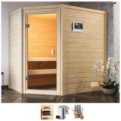 Sauna WELLTIME "Juli", beige (naturbelassen), Bio-Kombiofen, externe Steuerung, 3,6 kW, Saunen, 3,6-kW-Bio-Plug & Play Ofen mit ext. Steuerung