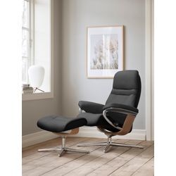 Relaxsessel STRESSLESS "Sunrise", grau (dunkelgrau q2 faron), B:83cm H:105cm T:74cm, ROHLEDER Stoff Q2 FARON: Ein fester zuverlässiger Bouclu00e9 mit einem strukturierten Aussehen und einer komfortablen Oberfläche (100% Polyester im Flor, Grundgewebe: 50% Polyester, 50% Polyacryl), Sessel, mit Hocker, mit Cross Base, Größe S, M & L, Holzakzent Eiche