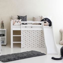 Hochbett HOPPEKIDS "«Pets Natur»", weiß (weiß, pristine, weiß, weiß), B:81cm H:9cm L:168cm, Bett: 100% Massivholz, Nordische Kiefer, Rutsche: MDF, Vorhang: 100% Baumwolle, Matratze: PU-Schaum, Matratzenbezug: 100% Baumwolle, Hochbetten, Hochbett, Rutsche & Vorhang Grau und viel Auswahl