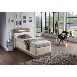 Boxspringbett, beige (dunkelbeige, beige), Ohne Topper, Liegefläche B/L: 90cm x 200cm, H3, 5-Zonen-Tonnentaschen-Federkernmatratze, Bezug Obermatratze 100% Polyester, waschbar bis 60u00b0C, Bezug Unterbox und Kopfteil: Mikrofaservelours (100% Polyester), WESTFALIA SCHLAFKOMFORT, Komplettbetten, Boxspringbett, mit LED-Beleuchtung