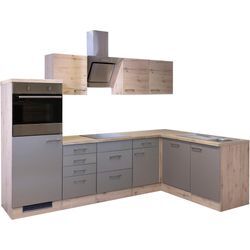 Küchenzeile FLEX-WELL "Riva", braun (front: quarz cubanit, korpus: san remo eiche, arbeitsplatte: san remo eiche), B:280cm H:200cm T:60cm, Komplettküchen-Sets, L-Küche, wahlw. mit E-Geräten, Stellmaß 280x170 cm, viele Farbvarianten, Topseller