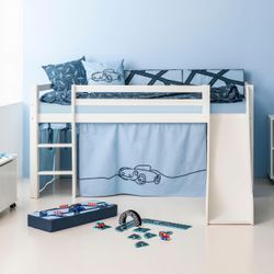 Hochbett HOPPEKIDS "«Cars»", weiß (weiß, dream blau, weiß, weiß), B:81cm H:9cm L:168cm, Bett: 100% Massivholz, Nordische Kiefer, Rutsche: MDF, Vorhang: 100% Baumwolle, Matratze: PU-Schaum, Matratzenbezug: 100% Baumwolle, Hochbetten, Hochbett, Rutsche & Vorhang Blau und viel Auswahl